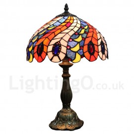 Diameter 30cm (12 inch) Handmade Rustic Retro Stained Glass Table Lamp Phoenix Tail Feather Pattern Shade Bedroom Living Room Dining Room