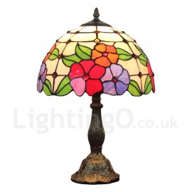 Diameter 30cm (12 inch) Handmade Rustic Retro Stained Glass Table Lamp Colorful Flower Pattern Shade Bedroom Living Room Dining Room