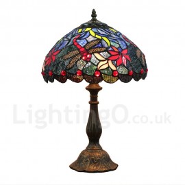Diameter 30cm (12 inch) Handmade Rustic Retro Stained Glass Table Lamp Red Dragonfly Pattern Shade Bedroom Living Room Dining Room