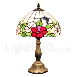 Diameter 30cm (12 inch) Handmade Rustic Retro Stained Glass Table Lamp Butterfly Gathering Flower Pattern Shade Bedroom Living Room Dining Room