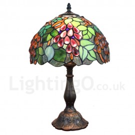 Diameter 30cm (12 inch) Handmade Rustic Retro Stained Glass Table Lamp Colorful Red Grapes Pattern Shade Bedroom Living Room Dining Room