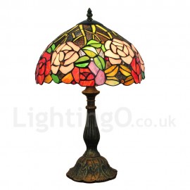 Diameter 30cm (12 inch) Handmade Rustic Retro Stained Glass Table Lamp Colorful Flower Pattern Shade Bedroom Living Room Dining Room