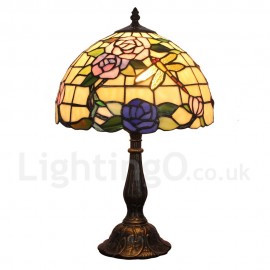 Diameter 30cm (12 inch) Handmade Rustic Retro Stained Glass Table Lamp Rose and Dragonfly Pattern Shade Bedroom Living Room Dining Room