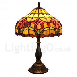 Diameter 30cm (12 inch) Handmade Rustic Retro Stained Glass Table Lamp Little Red Flower Pattern Shade Bedroom Living Room Dining Room