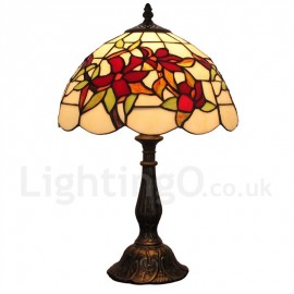 Diameter 30cm (12 inch) Handmade Rustic Retro Stained Glass Table Lamp Red Flower Pattern Shade Bedroom Living Room Dining Room