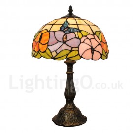 Diameter 30cm (12 inch) Handmade Rustic Retro Stained Glass Table Lamp Butterfly Gathering Flower Pattern Shade Bedroom Living Room Dining Room