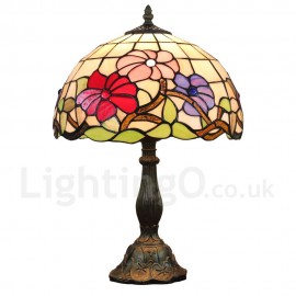 Diameter 30cm (12 inch) Handmade Rustic Retro Stained Glass Table Lamp Colorful Flower Pattern Shade Bedroom Living Room Dining Room