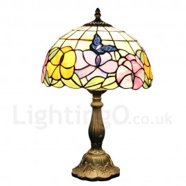 Diameter 30cm (12 inch) Handmade Rustic Retro Stained Glass Table Lamp Butterfly Gathering Flower Pattern Shade Bedroom Living Room Dining Room