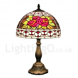 Diameter 30cm (12 inch) Handmade Rustic Retro Stained Glass Table Lamp Red Rose Pattern Shade Bedroom Living Room Dining Room