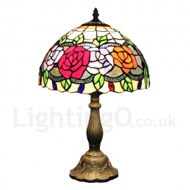 Diameter 30cm (12 inch) Handmade Rustic Retro Stained Glass Table Lamp Rose Pattern Shade Bedroom Living Room Dining Room