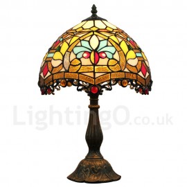 Diameter 30cm (12 inch) Handmade Rustic Retro Stained Glass Table Lamp Colorful Pattern Shade Bedroom Living Room Dining Room