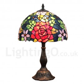 Diameter 30cm (12 inch) Handmade Rustic Retro Stained Glass Table Lamp Colorful Flower Pattern Shade Bedroom Living Room Dining Room