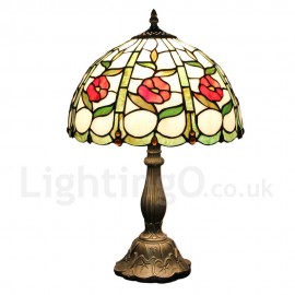 Diameter 30cm (12 inch) Handmade Rustic Retro Stained Glass Table Lamp Little Red Flower Pattern Shade Bedroom Living Room Dining Room