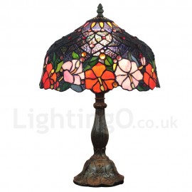 Diameter 30cm (12 inch) Handmade Rustic Retro Stained Glass Table Lamp Colorful Flower Pattern Shade Bedroom Living Room Dining Room