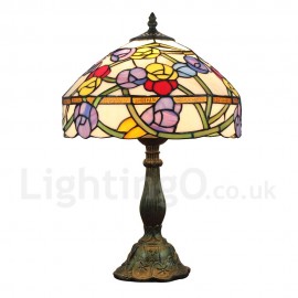 Diameter 30cm (12 inch) Handmade Rustic Retro Stained Glass Table Lamp Colorful Flower Pattern Shade Bedroom Living Room Dining Room