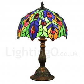 Diameter 30cm (12 inch) Handmade Rustic Retro Stained Glass Table Lamp Colorful Leaves Pattern Shade Bedroom Living Room Dining Room