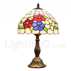 Diameter 30cm (12 inch) Handmade Rustic Retro Stained Glass Table Lamp Colorful Flower Pattern Shade Bedroom Living Room Dining Room