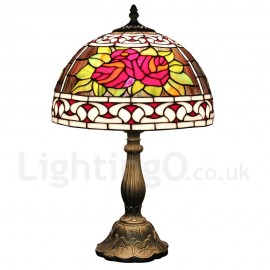 Diameter 30cm (12 inch) Handmade Rustic Retro Stained Glass Table Lamp Red Flower Pattern Shade Bedroom Living Room Dining Room