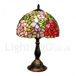 Diameter 30cm (12 inch) Handmade Rustic Retro Stained Glass Table Lamp Colorful Flower Pattern Shade Bedroom Living Room Dining Room