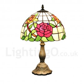 Diameter 30cm (12 inch) Handmade Rustic Retro Stained Glass Table Lamp Rose Pattern Shade Bedroom Living Room Dining Room