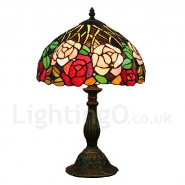 Diameter 30cm (12 inch) Handmade Rustic Retro Stained Glass Table Lamp Colorful Flower Pattern Shade Bedroom Living Room Dining Room