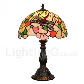 Diameter 30cm (12 inch) Handmade Rustic Retro Stained Glass Table Lamp Dragon and Flower Pattern Shade Bedroom Living Room Dining Room