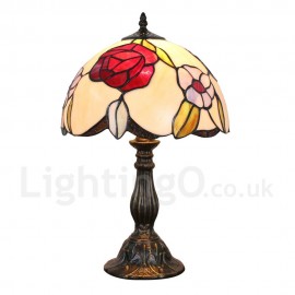 Diameter 30cm (12 inch) Handmade Rustic Retro Stained Glass Table Lamp Colorful Flower Pattern Shade Bedroom Living Room Dining Room