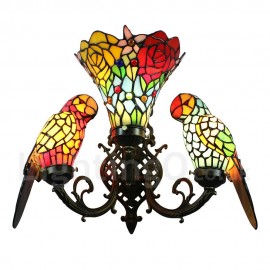 Stained Glass Wall Light Handmade Rustic Retro Glass Parrot and Glass Flowers Shade Bedroom Living Room Dining Room Light 3 Lights