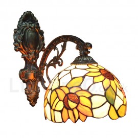 Diameter 20cm (8 inch) Handmade Rustic Retro Stained Glass Wall Light Sunflower Pattern Shade Bedroom Living Room Dining Room