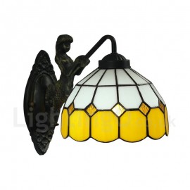 Diameter 20cm (8 inch) Handmade Rustic Retro Stained Glass Wall Light Yellow and White Pattern Shade Mermaid Carrying Lantern Bedroom Living Room Dining Room