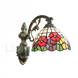 Diameter 20cm (8 inch) Handmade Rustic Retro Stained Glass Wall Light Colorful Flowers Pattern Shade Bedroom Living Room Dining Room