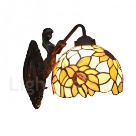 Diameter 20cm (8 inch) Handmade Rustic Retro Stained Glass Wall Light Colorful Flowers Pattern Shade Mermaid Carrying Lantern Bedroom Living Room Dining Room