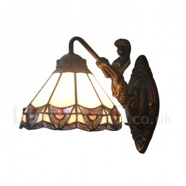 Diameter 20cm (8 inch) Handmade Rustic Retro Stained Glass Wall Light Colorful Pattern Shade Mermaid Carrying Lantern Bedroom Living Room Dining Room