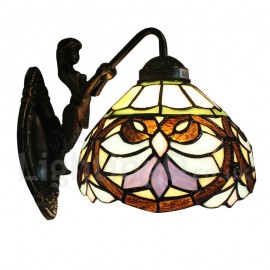 Diameter 20cm (8 inch) Handmade Rustic Retro Stained Glass Wall Light Colorful Pattern Shade Mermaid Carrying Lantern Bedroom Living Room Dining Room