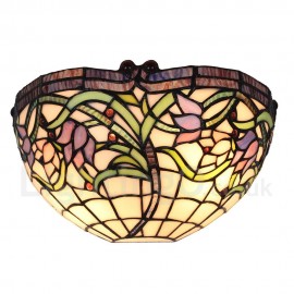 Diameter 30cm (12 inch) Handmade Rustic Retro Stained Glass Wall Light Colorful Flower Pattern Shade Bedroom Living Room Dining Room