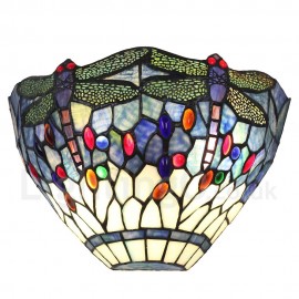 Diameter 30cm (12 inch) Handmade Rustic Retro Stained Glass Wall Light Dragonfly Pattern Shade Bedroom Living Room Dining Room