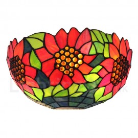 Diameter 30cm (12 inch) Handmade Rustic Retro Stained Glass Wall Light Red Flower Green Leaf Pattern Shade Bedroom Living Room Dining Room