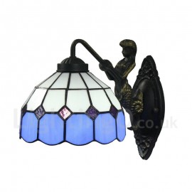 Diameter 20cm (8 inch) Handmade Rustic Retro Stained Glass Wall Light Blue and White Shade Mermaid Carrying Lantern Bedroom Living Room Dining Room