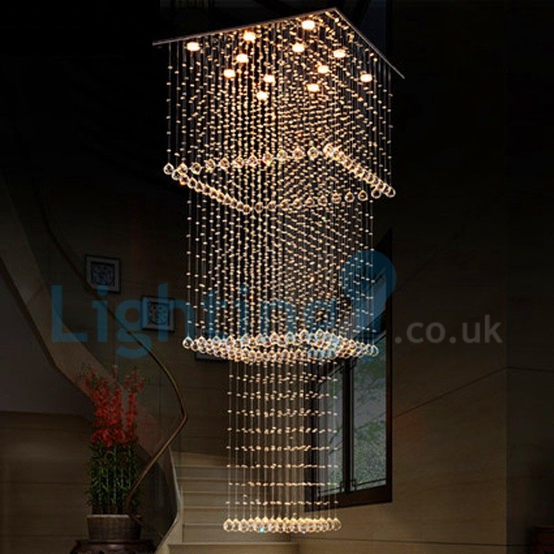 Modern Contemporary Chandelier Flush Mount Led Pendant Fixture Crystal Rain Drop Light For High Ceiling Living Room Hotel Hallway Foyer Entry Way