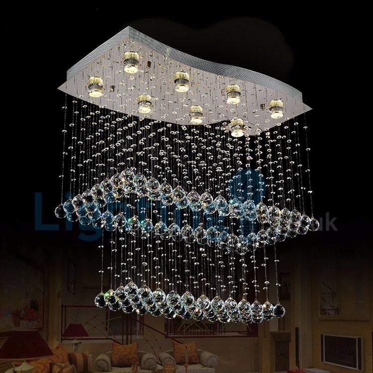 Modern Contemporary Chandelier Flush Mount Led Pendant Fixture Crystal Rain Drop Light For High Ceiling Living Room Hotel Hallway Foyer Entry Way