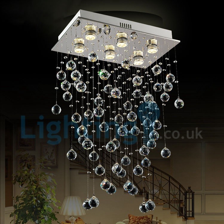 Modern Contemporary Chandelier Flush Mount Led Pendant Fixture Crystal Rain Drop Light For High Ceiling Living Room Hotel Hallway Foyer Entry Way