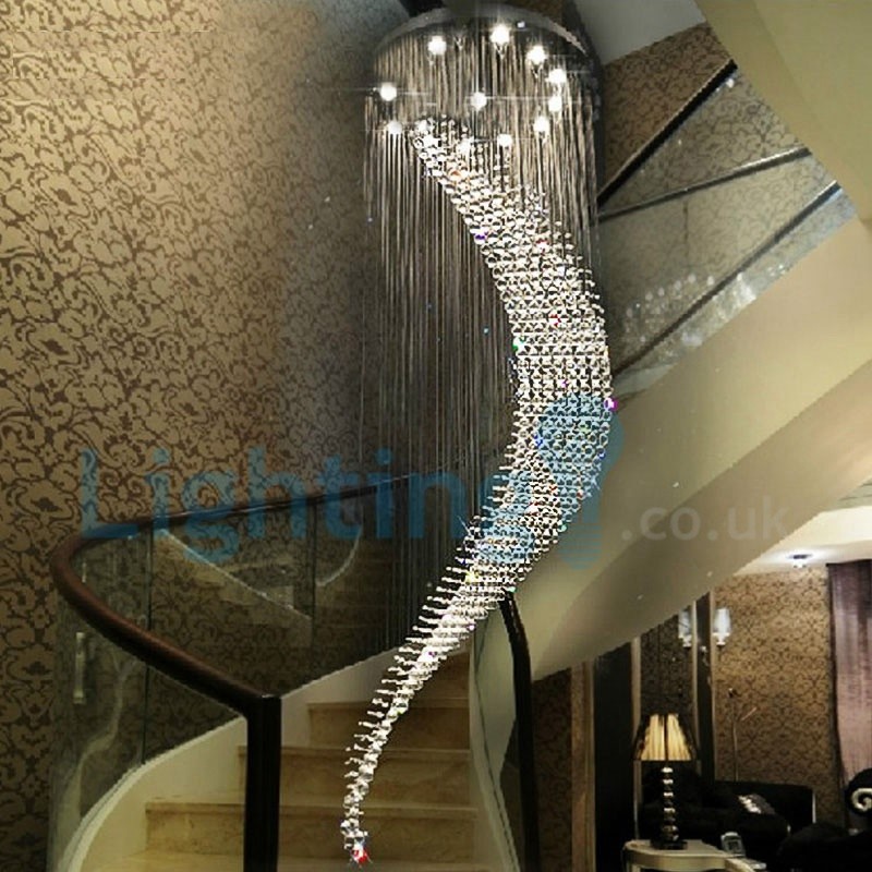 Modern Contemporary Chandelier Flush Mount Led Pendant Fixture Crystal Rain Drop Light For High Ceiling Living Room Hotel Hallway Foyer Entry Way