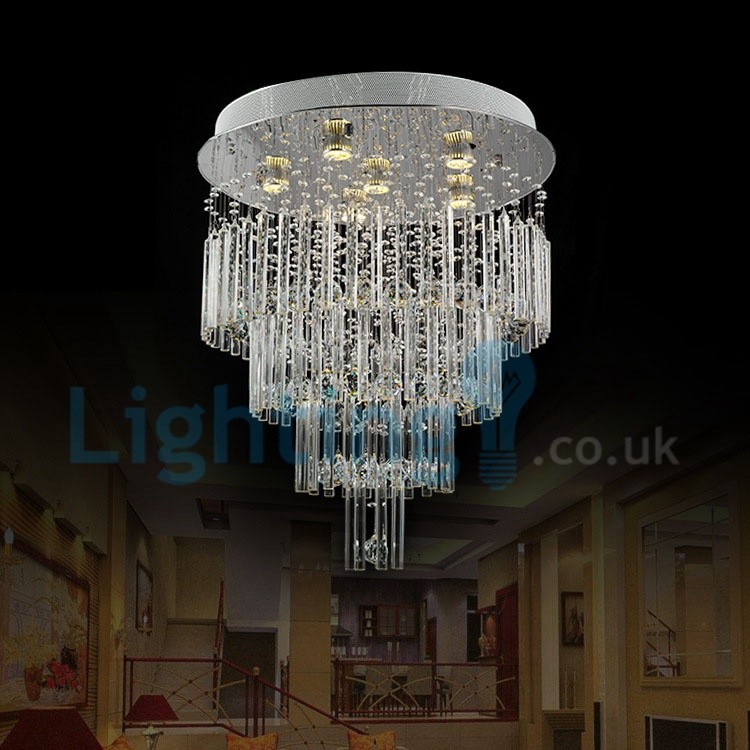 Modern Contemporary Chandelier Flush Mount Led Pendant Fixture Crystal Rain Drop Light For High Ceiling Living Room Hotel Hallway Foyer Entry Way