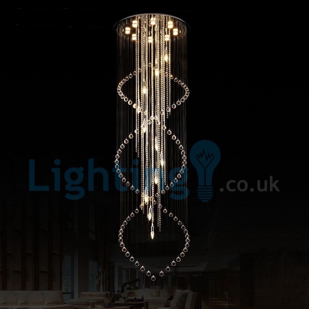 Modern Contemporary Chandelier Flush Mount Led Pendant Fixture Crystal Rain Drop Light For High Ceiling Living Room Hotel Hallway Foyer Entry Way