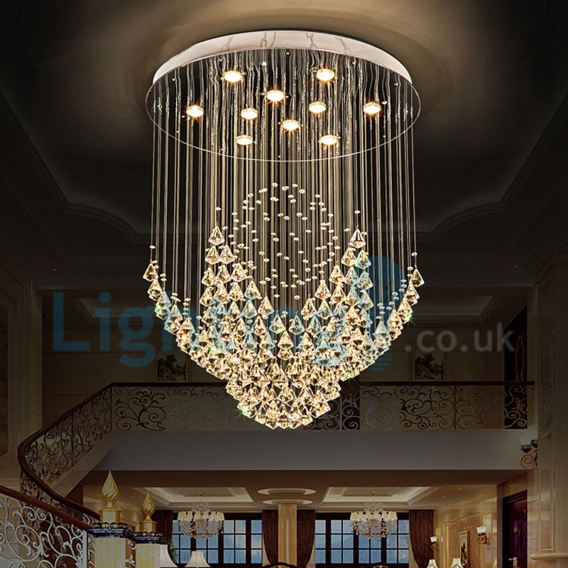 Modern Contemporary Chandelier Flush Mount Led Pendant Fixture Crystal Rain Drop Light For High Ceiling Living Room Hotel Hallway Foyer Entry Way