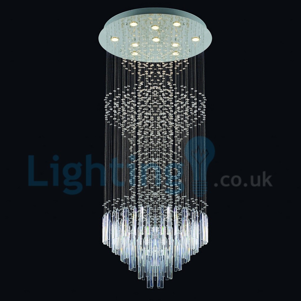 Modern Contemporary Chandelier Flush Mount Led Pendant Fixture Crystal Rain Drop Light For High Ceiling Living Room Hotel Hallway Foyer Entry Way