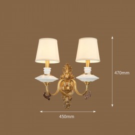 100% Pure Brass Luxurious Rustic Retro Vintage Brass Ceramics 2 Light Candle Wall Light with Fabric Shades Special for Hotel, Office, Showroom, Living Room, Dinning Room