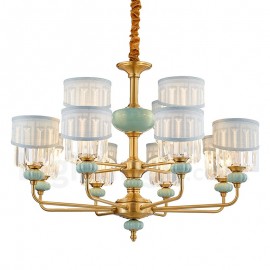 Pure Brass Luxurious Rustic Retro Vintage Brass Ceramics Pendant Candle Chandelier with Fabric and Crystal Shades Special for Ho