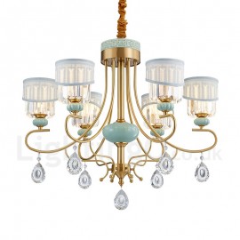 Pure Brass Luxurious Rustic Retro Vintage Brass Ceramics Pendant Candle Chandelier with Fabric and Crystal Shades Special for Ho