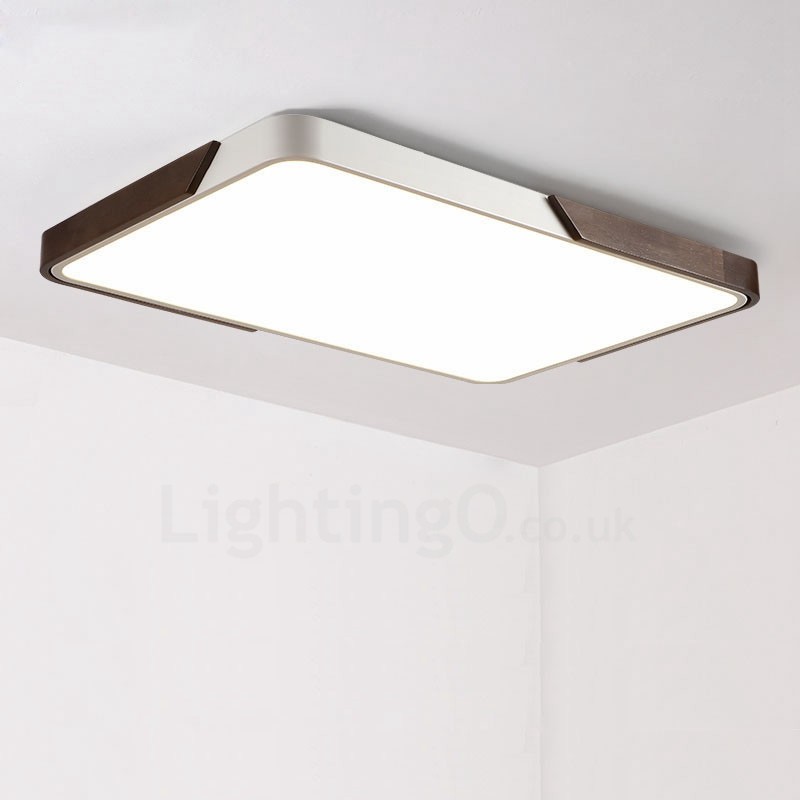 Retro Walnut Colour Wood Ultra Thin Rectangle Dimmable Led Flush Mount Ceiling Lights With Acrylic Shade For Bathroom Living Room Study Kitchen